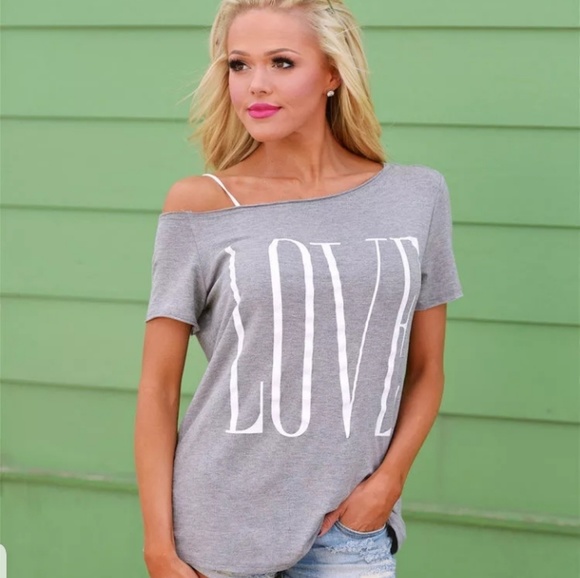 GRAY & WHITE OFF SHOULDER "LOVE"TOP, SHIRT,BLOUSE - Picture 2 of 4